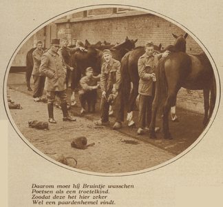 871493 Afbeelding van enkele militairen bij de verzorging van paarden op het terrein van de Kazerne der Veldartillerie ...